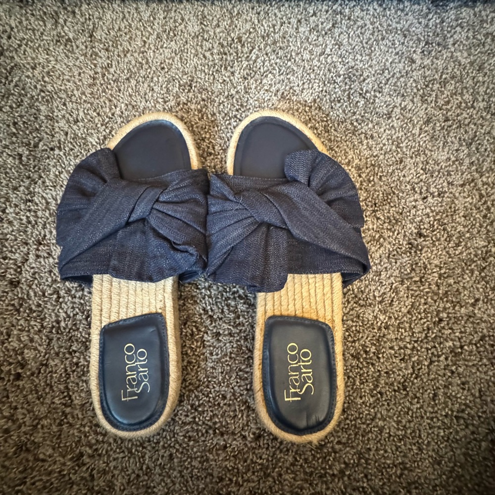 Franco Sarto Dark Blue Denim Jean and Beige Bow Sandals